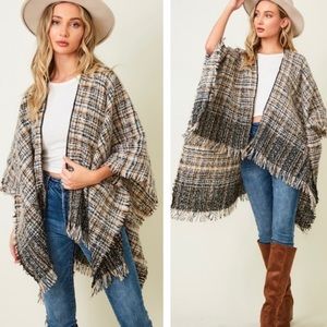 New! Neutrals Checkered Frayed Hem Knit Soft Poncho Shawl
